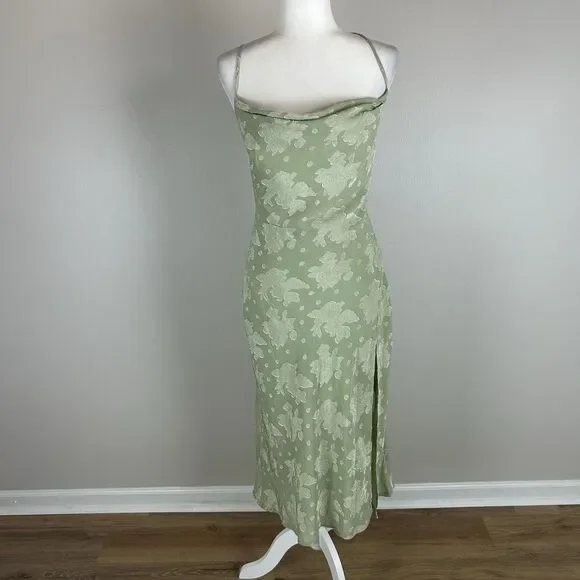 Hello Molly 6 Drinks On Me Midi Dress Green Cowl Slip Jaquard Floral Drape Neck - Picture 3 of 6